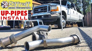 2001 F350 73  RiffRaff UpPipes Install  Stock up pipes leaking and falling apart JUNK SP [upl. by Levram]